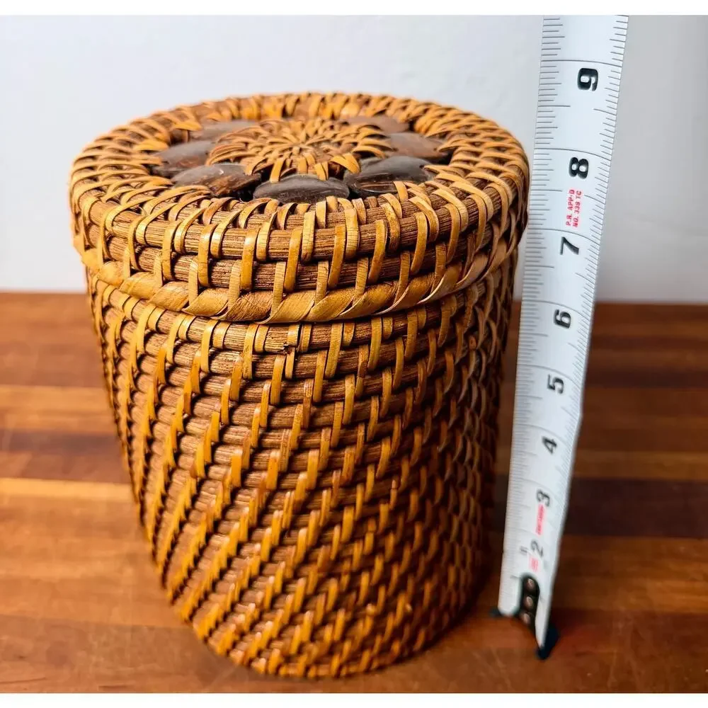 1970s Vintage Philippines Rattan Lidded Basket Coconut Shell Floral Lid Boho